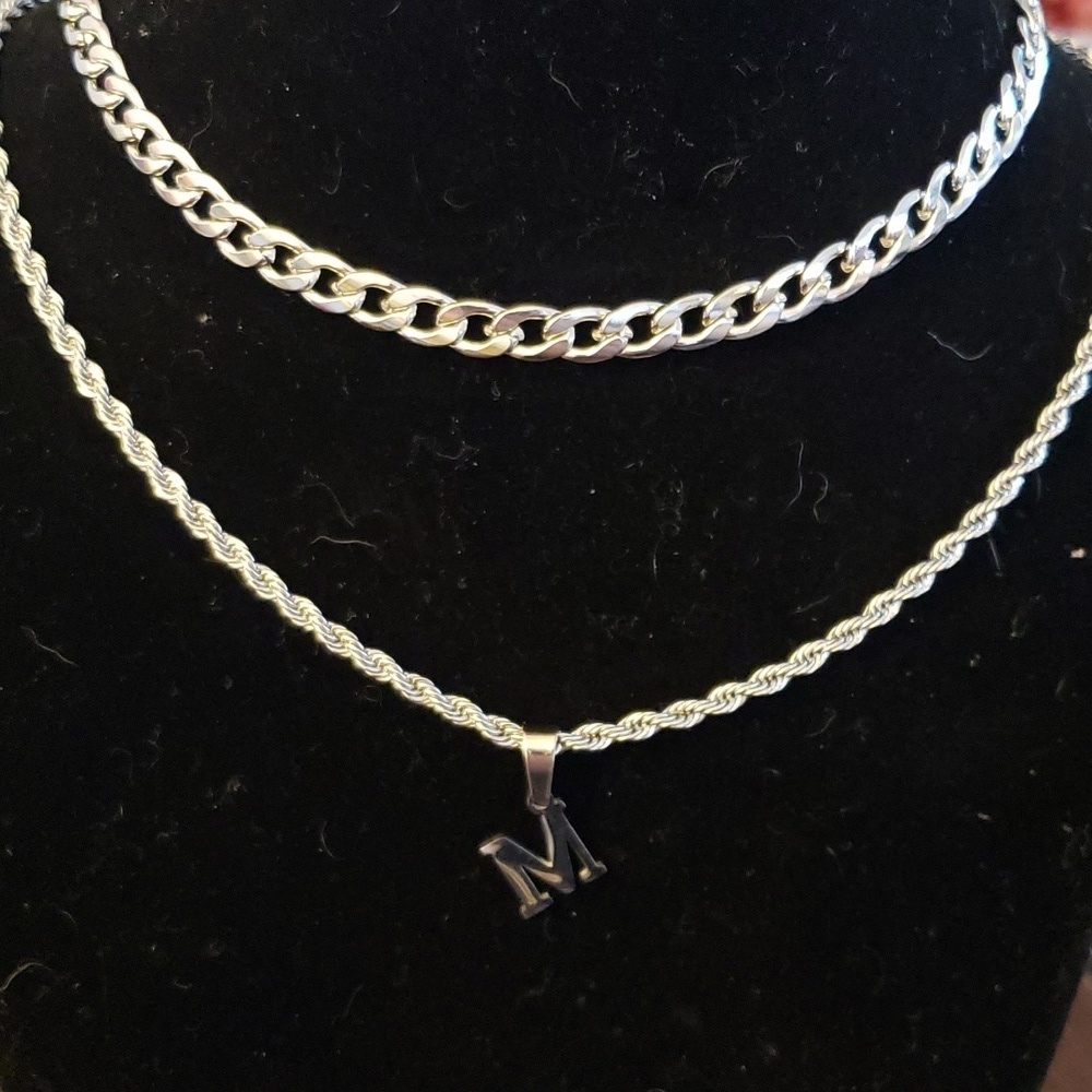 Senran Layered Initial M Pendant Necklace with Figaro Twist Rope Chain